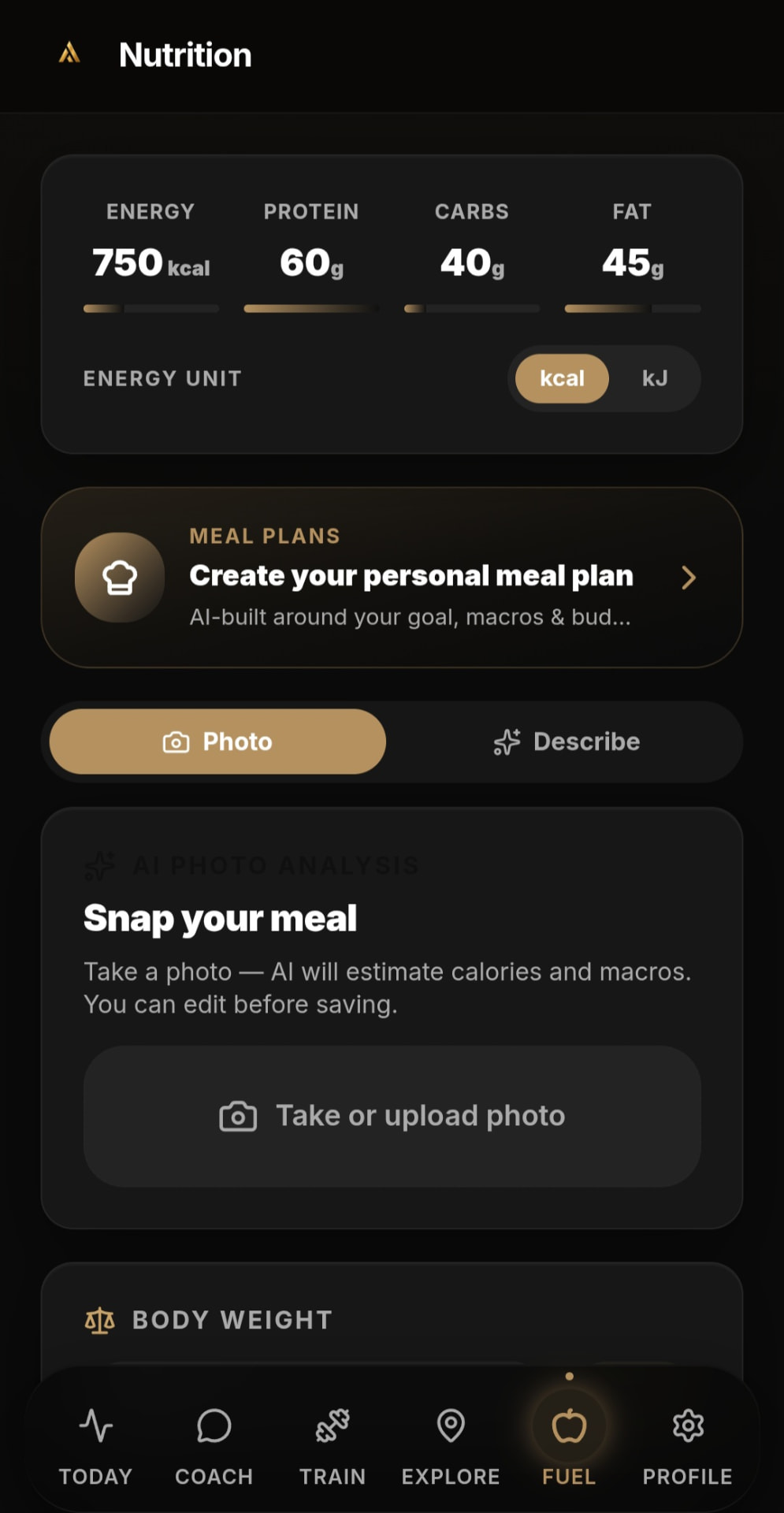 ATHVORA nutrition screen with energy, protein, carbs and fat tracking