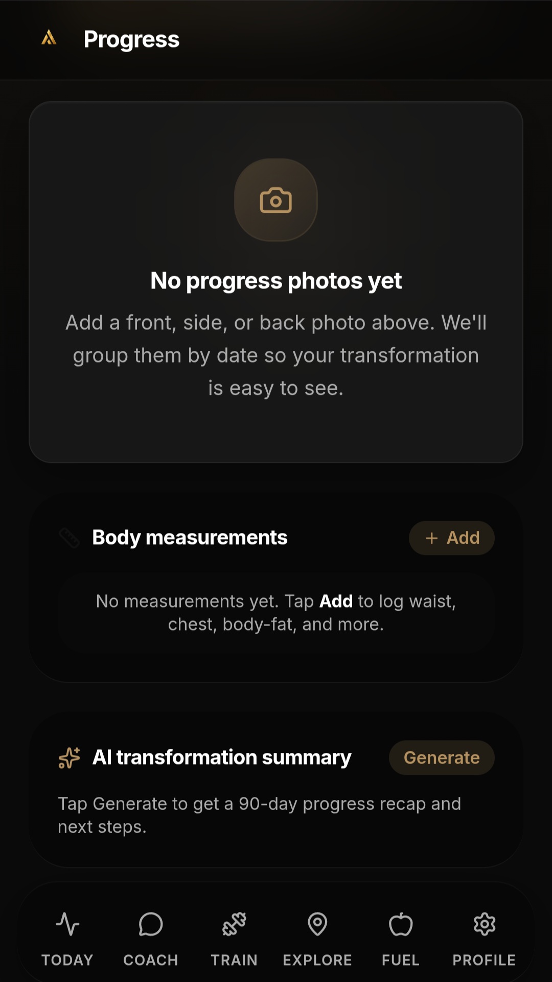 ATHVORA progress tracking with photos and body measurements