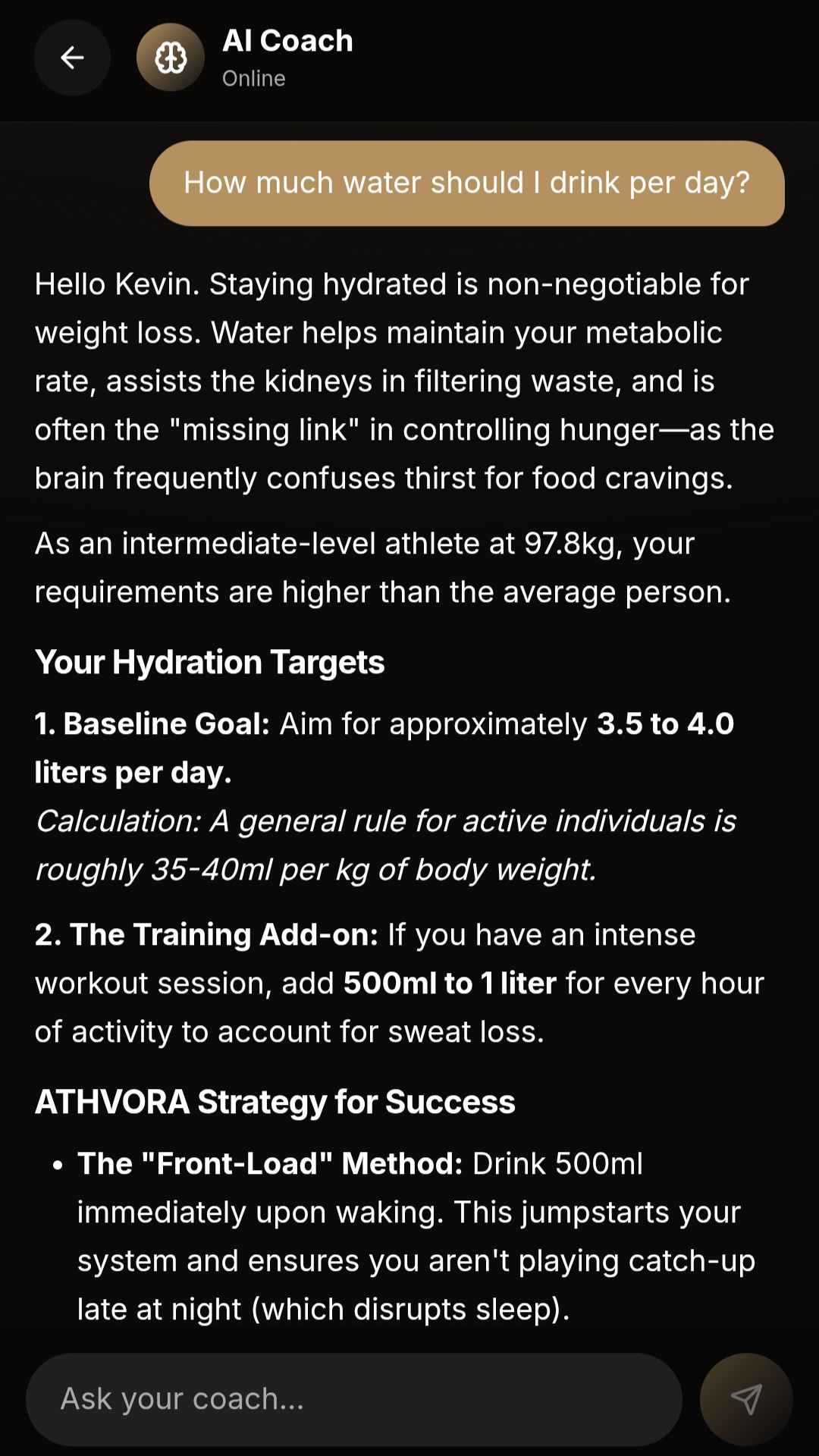 ATHVORA Coach conversation giving personalised hydration guidance