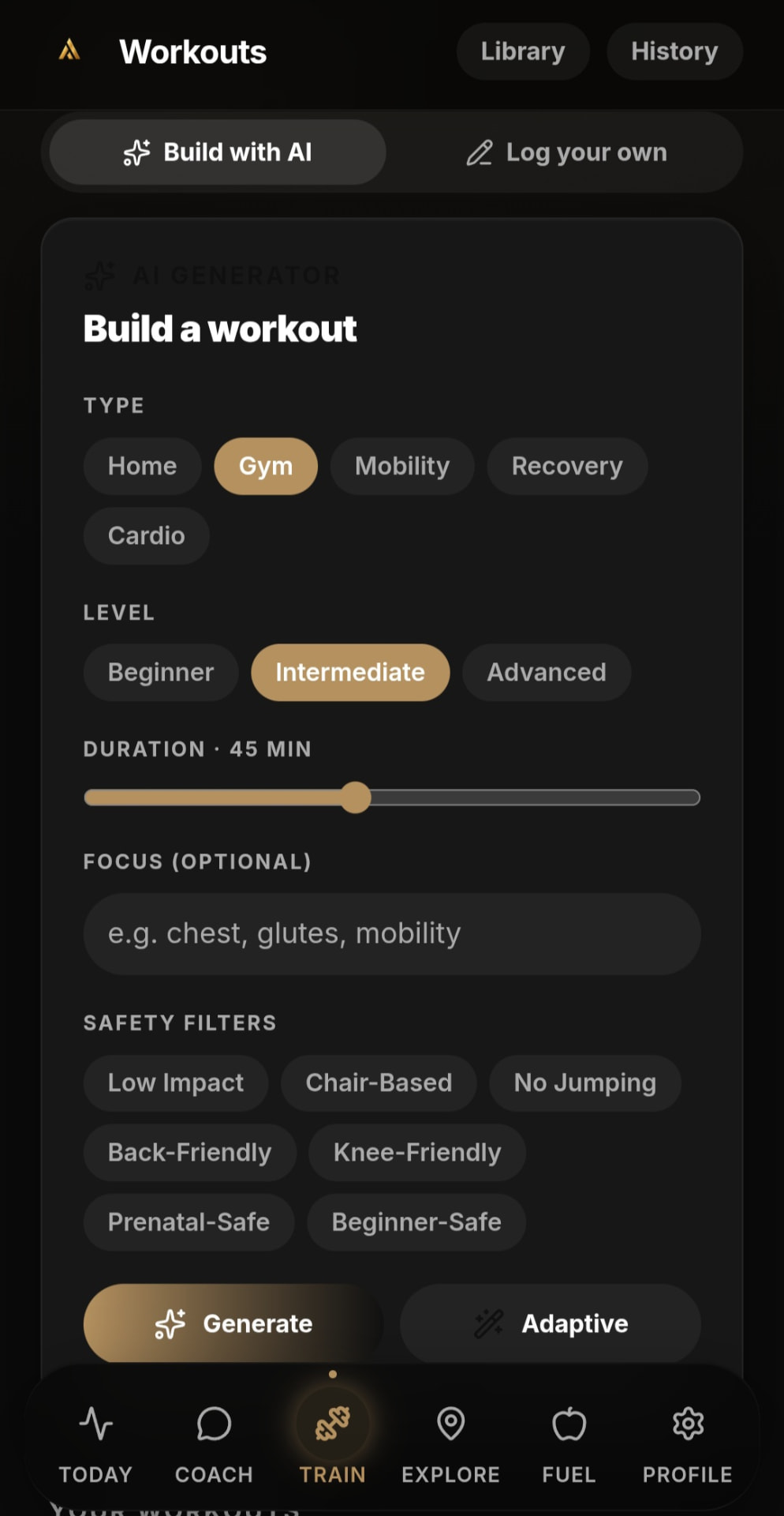 ATHVORA workout builder with type, level, duration and safety filters