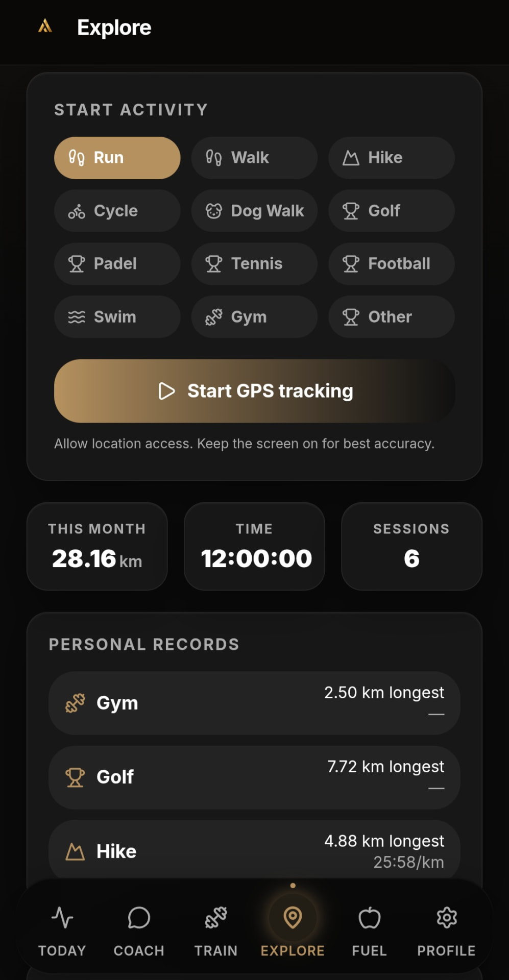 ATHVORA activity tracking with monthly distance and personal records